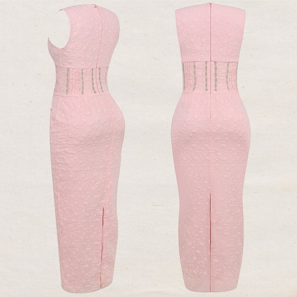 House of CB Sophina Maxi Midi Pink Dress Pockets Eyelit Scalloped Plunging Neck - Picture 3 of 3